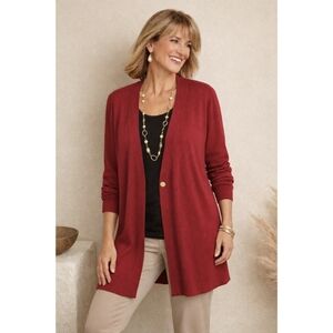 CHICOS Long Line Cardigan Sweater Button Front Duster Mulberry Petite 0P Small
